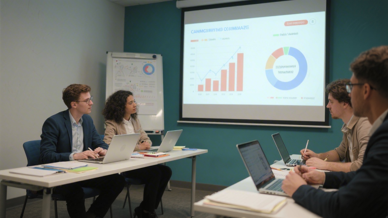 Training room with marketers reviewing performance dashboards projected on a screen, discussing data insights and cross-channel optimization decisions.