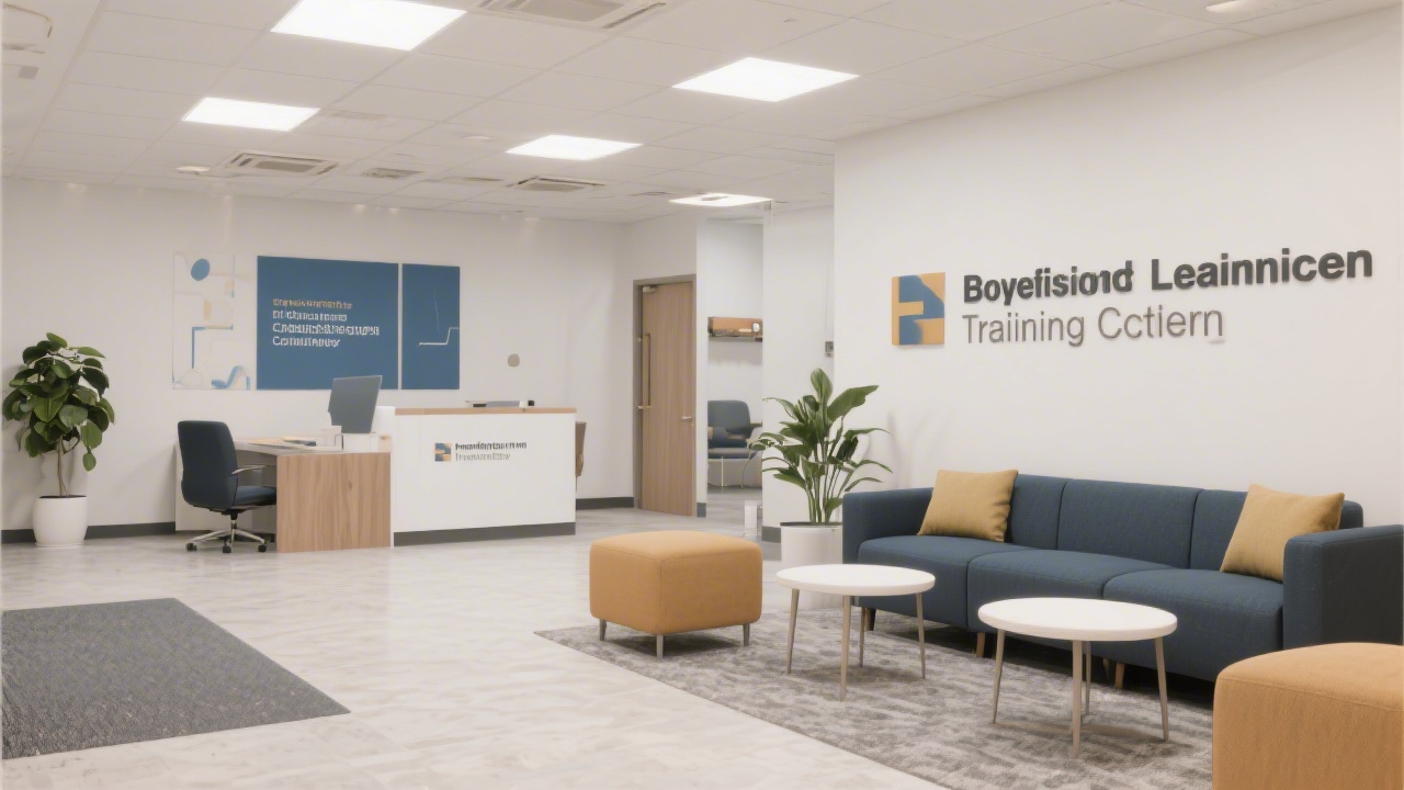 Modern training facility lobby with clean seating, glass partitions, and subtle branding, presenting a professional and welcoming environment for business education.