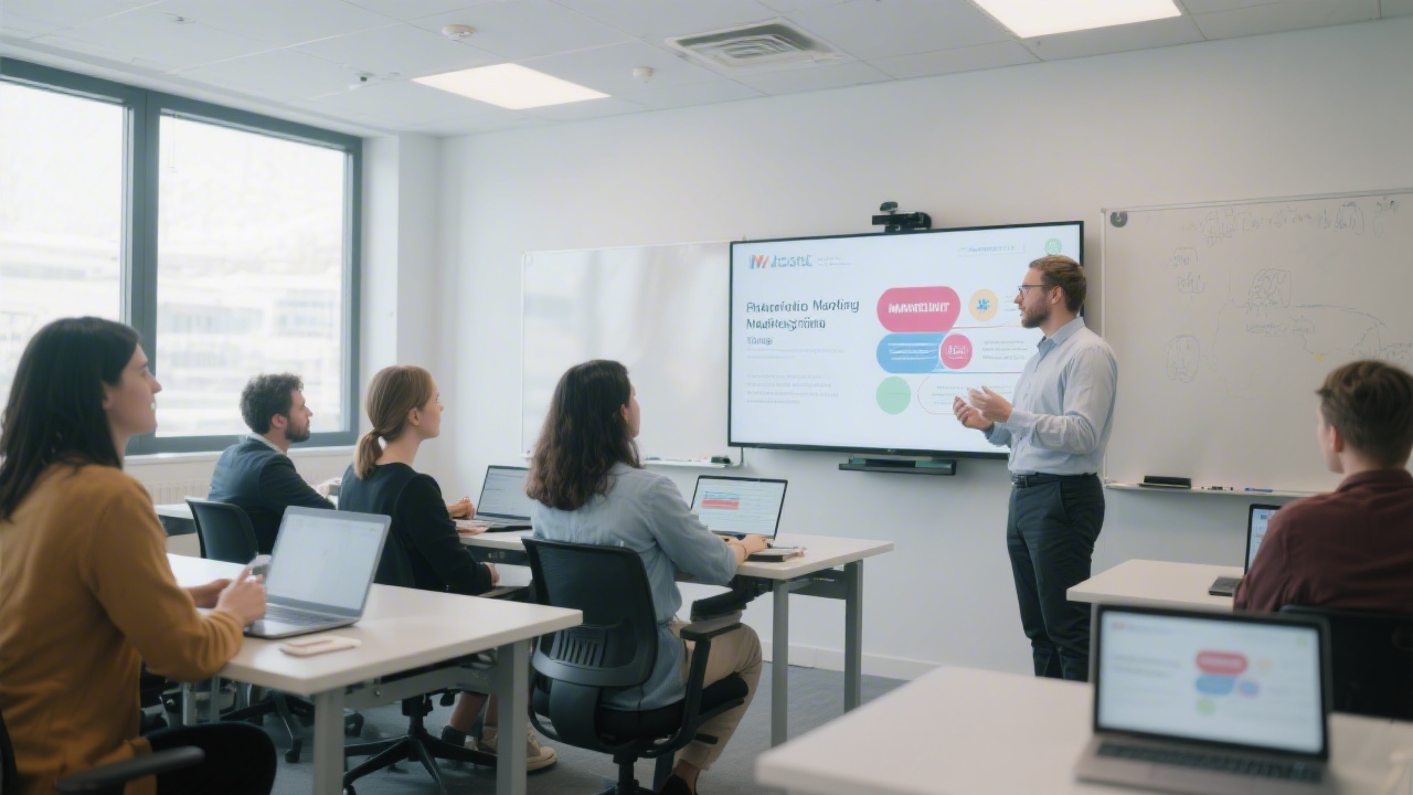 Modern classroom with participants at laptops, an instructor presenting on a large screen, and collaborative discussion, illustrating practical marketing training in a professional setting.