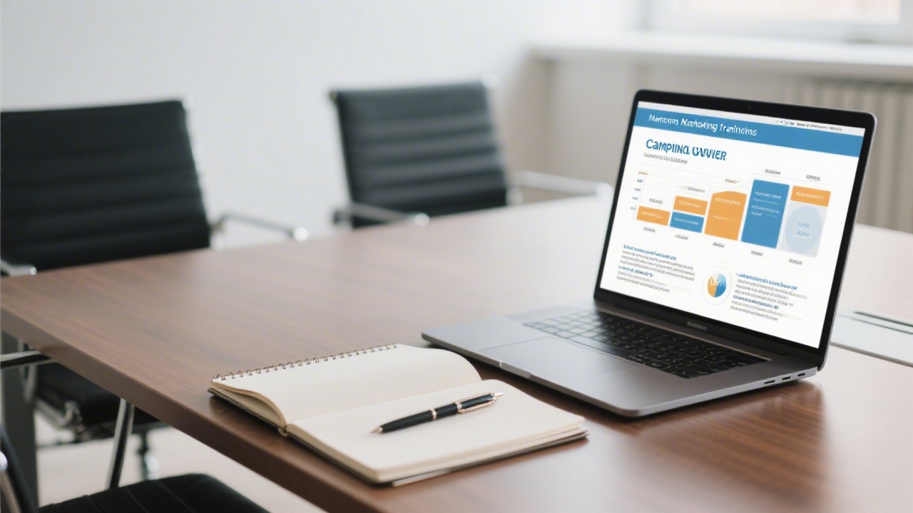Business meeting table with notebooks, campaign charts, and a laptop open to a media planning document, signaling strategic marketing consultation and training preparation.