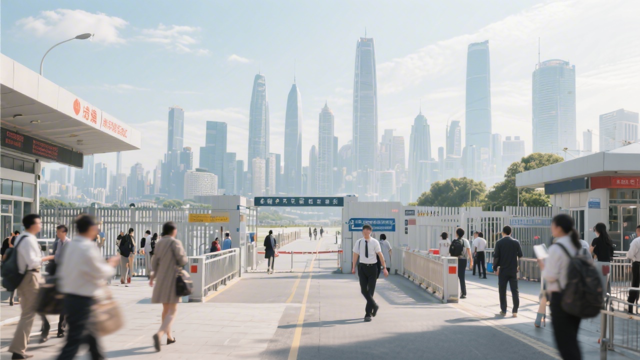 Border crossing scene with city skyline and people moving between regions, reflecting cross-border marketing, travel behavior, and interconnected economic zones in Greater China.