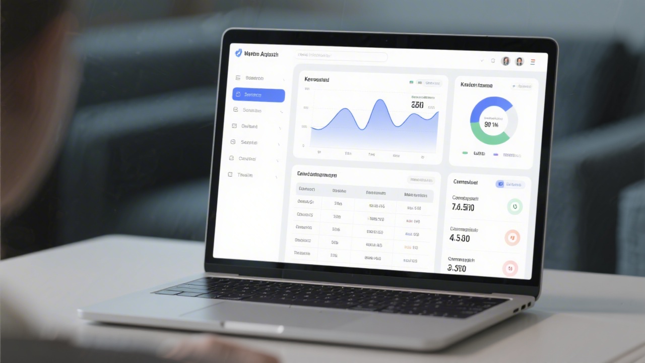 Laptop showing an analytics dashboard with clean charts, keyword tables, and campaign performance metrics, representing in-depth search advertising training and measurement focus.