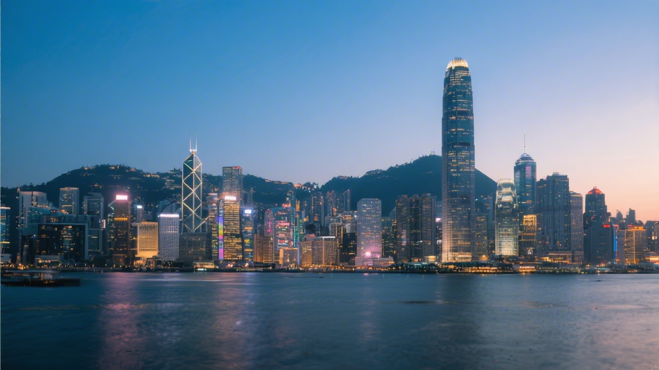 Evening skyline of Hong Kong with Victoria Harbour and modern towers, dramatic lighting and clear sky, conveying a premium business education atmosphere and metropolitan energy.