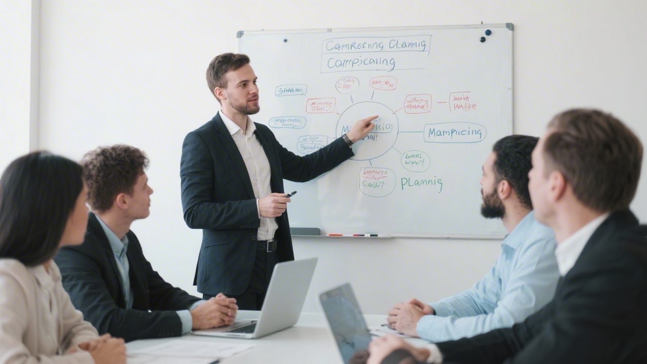 Instructor guiding a small group of marketing professionals through campaign planning on a whiteboard, showing an interactive and strategic training approach.