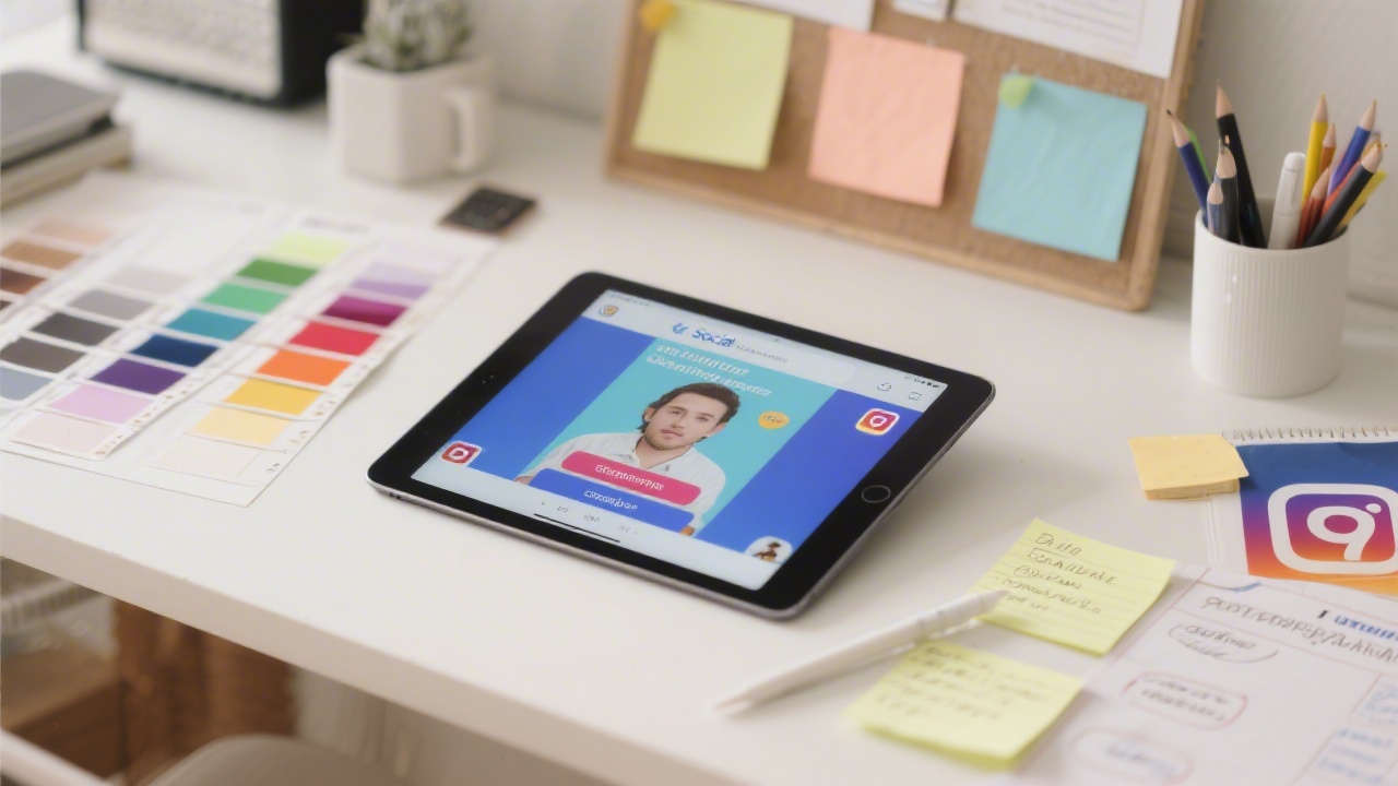 Creative workspace with a tablet displaying a social ad creative, color swatches, and planning notes, symbolizing strategic paid social campaign building and testing.