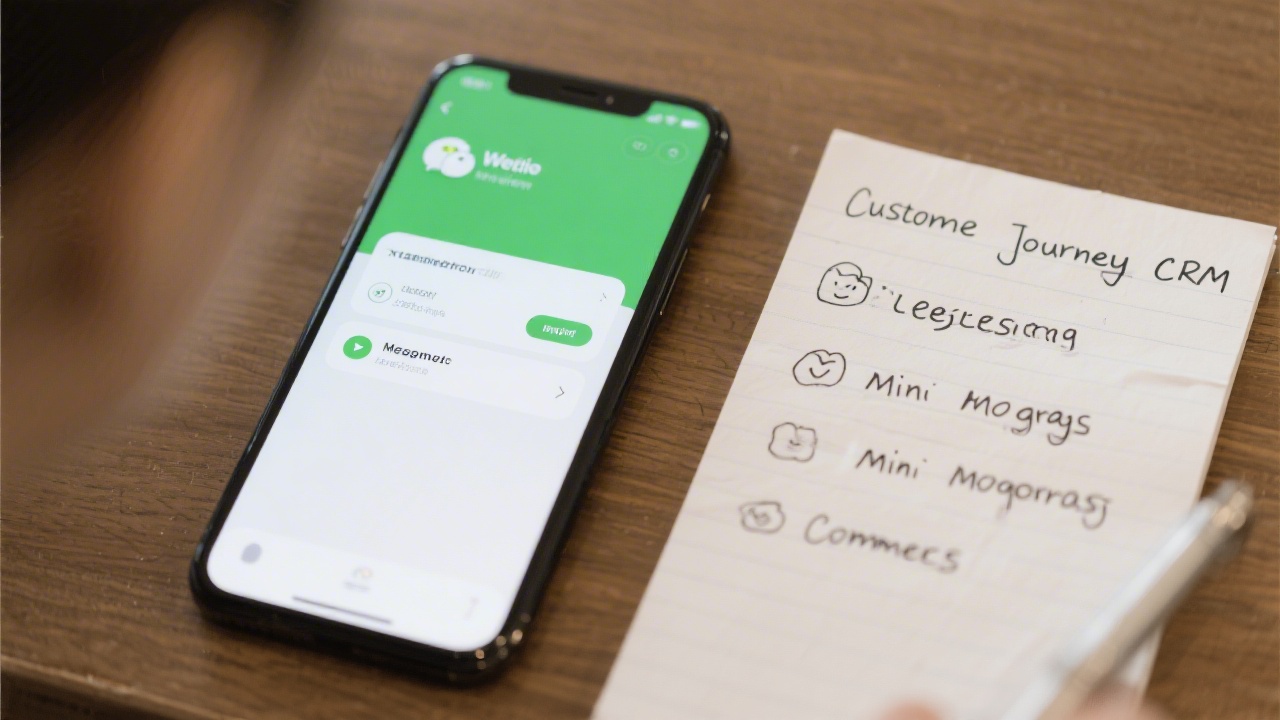 Smartphone screen showing a WeChat interface beside notes on customer journey and CRM, highlighting the integrated ecosystem of messaging, mini programs, and commerce.